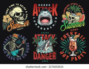 Hard party set posters vintage colorful invitation on hangout with drinks with skeletons and sharks on tropical islands vector illustration