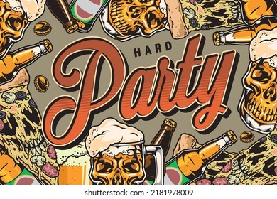 Hard party vintage flyer colorful mugs and bottles with beer drinks near pizza slices for youth hangout vector illustration