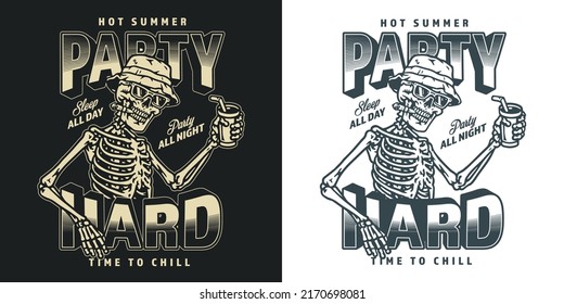 Hard party vintage monochrome flyer dead man with cocktail night party-goer drinks and smokes cigar vector illustration