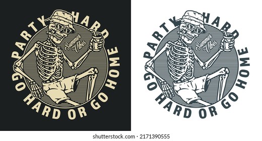 Hard Party Vintage Monochrome Flyer Dead Man Summer Hangout Lover With Booze And Cigar In Beach Panama Vector Illustration