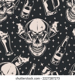 Hard party vintage monochrome pattern seamless skull with mugs of beer and bottles booze for student frat party vector illustration