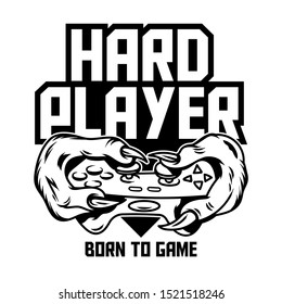 Hard player gamer hands of green monster dinosaur T-REX which keep gamepad joystick controller and play video game. Custom icon print design illustration for geek culture people t-shirt design apparel