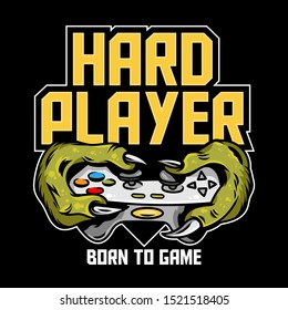 Hard player gamer hands of green monster dinosaur T-REX which keep gamepad joystick controller and play video game. Custom icon print design illustration for geek culture people t-shirt design apparel