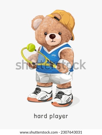 hard player slogan with bear doll tennis athletic vector illustration