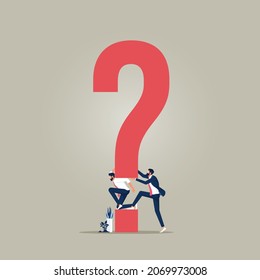 Hard question or critical business problem concept, business team carrying heavy big question mark sign, metaphor of stress