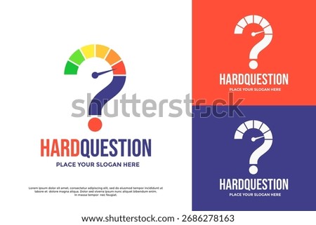 Hard Question logo template. A question mark combined with a performance gauge represents difficult challenges, problem-solving, and intellectual analysis. Great for consulting or quiz apps.