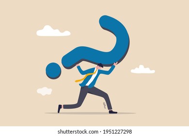 Hard question with no answer or solution, critical business problem, doubtful or stress burden concept, frustrated tried businessman carrying heavy big question mark sign burden.