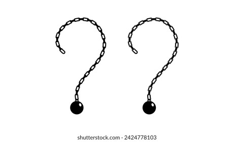 Hard question symbol, question mark made from chain and weights, black isolated silhouette