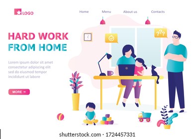 Hard Remote work from home landing page template. Woman at workplace with family. Mom can't work productively. Multitasking concept. Room interior. People on quarantine. Flat Vector illustration