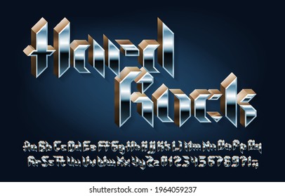 Hard Rock alphabet font. 3D letters, numbers and punctuations in heavy metal style. Uppercase and lowercase. Retro typescript for your typography design.