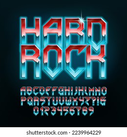 Letra del alfabeto del rock duro. Letras, números y signos de puntuación brillantes al estilo de metal pesado. Escritura retro para tu diseño de tipografía.