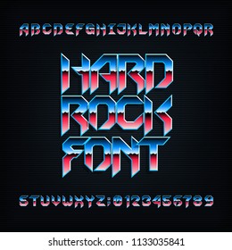 Hard rock alphabet font. Metal effect beveled colorful letters, numbers and symbols. Stock vector typeset for your design.