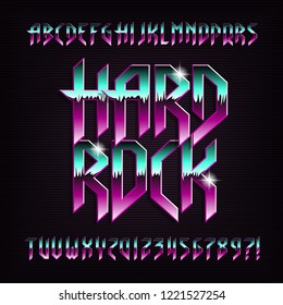 Hard rock alphabet font. Metal effect beveled colorful letters, numbers and symbols. Stock vector typescript for your design.