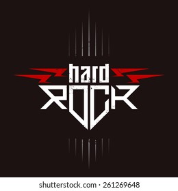 Hard Rock badge - original lettering with lightnings and grunge effect, music vector illustration.