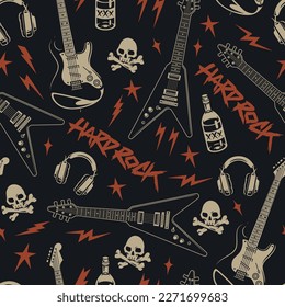 Hard rock colorful seamless pattern with guitars for playing punk music near headphones and skulls or bottles vector illustration