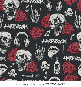 Hard rock colorful seamless pattern with hand making rocker gesture and skulls near scarlet roses and headphones vector illustration