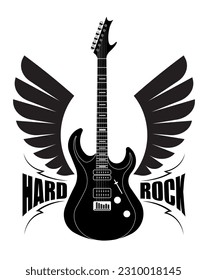 Hard rock design illustration with electric guitar and pair of wings for poster or other decor.