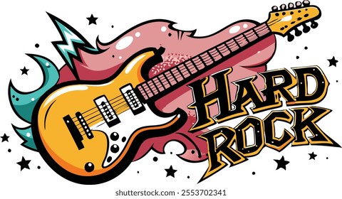 Hard Rock Electric Guitar Illustration with Dynamic Lightning and Bold Typography