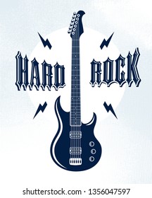 Hard Rock emblem with electric guitar vector logo, concert festival or night club label, music theme illustration, guitar shop or t-shirt print, rock band sign with stylish typography.