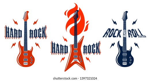 Hard Rock emblems with electric guitar vector logos set, concert festival or night club labels, music theme illustrations, guitar shop or t-shirt print, rock band sign with stylish typography.