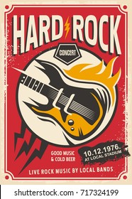 Hard rock event poster template. Rock music concert retro pamphlet with electric guitar and flame.