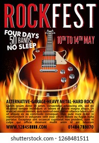 Hard Rock Festival Poster with Guitar on Fire. Vector Illustration.