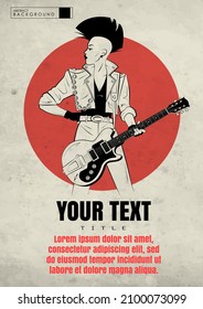 Hard Rock Festival Poster. Punk woman with electric guitar in sketch style on red background.