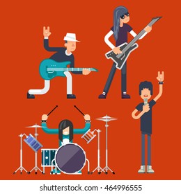 Hard Rock Heavy Folk Group Band Music Icons Guitarist Singer Bassist Drummer Concept Flat Vector Illustration