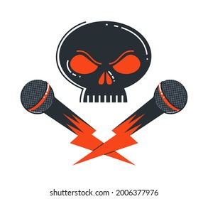 Hard Rock And Heavy Metal Emblem Or Logo Vector Flat Style Illustration Isolated, Microphone And Dead Scull Composition, Stylish Music Icon.