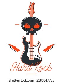 Hard rock and heavy metal emblem or logo vector flat style illustration isolated, electric guitar with dead skull, logotype for recording label or studio or musical band.