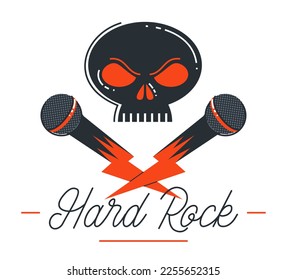 Hard Rock und Schwermetall Emblem oder Logo Vektorgrafik im Flachstil einzeln, Mikrofon und tote Skulptur, stilvolles Musiksymbol.