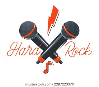 Hard rock and heavy metal emblem or logo vector flat style illustration isolated, microphone composition, stylish music icon.