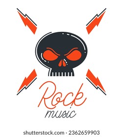 Hard rock and heavy metal emblem or logo vector flat style illustration isolated, dead scull composition, stylish music icon.