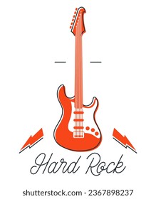 Hard rock and heavy metal emblem or logo vector flat style illustration isolated, electric guitar with lightning bolts, logotype for recording label or studio or musical band.