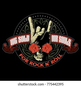 Hard rock, heavy metal, sign of the horns, rock sign hand with the skull, roses and ornaments, rock vector logo.