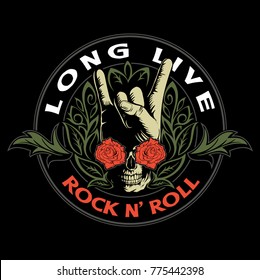 Hard Rock, Heavy Metal, Sign Of The Horns, Rock Sign Hand With The Skull, Roses And Ornaments, Rock Vector Logo.