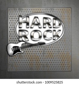 Hard rock iron metal musical background with fictional electric guitar and isolated transparent cutout.
