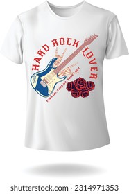 Hard Rock Lover Guitar Vintage Red Rose Illustration Skeleton Hand Rock Out Vector T-shirt Design eps 10