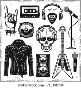 Hard rock and metal music attributes set of vector black objects, design elements in vintage style isolated on background with removable textures