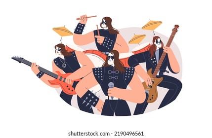 Hard rock music band. Heavy metal vocalist, musicians playing guitar, drum, singing. Artists group performing in leather costumes and makeup. Flat vector illustration isolated on white background