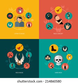 Hard rock music concert flat icons composition set isolated vector illustration