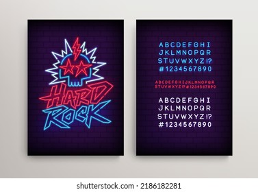 Hard Rock Neon Light sign with skull and type font - editable vector poster. Neon tube letters design for Rock Music glowing street sign. Neon font. Rock Party in retro 80s - 90s style lettering