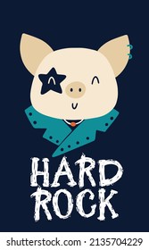 Hard rock postcard with a pig. Vector cartoon character. Illustration on a dark background for children in the style of funny doodles. Ideal for printing on baby clothes, t-shirts