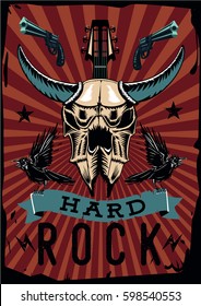 Hard rock poster with bull skull. Grunge style