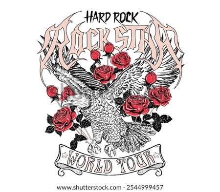 Hard rock. Rose with eagle artwork. Rock star design. Eagle fly vector artwork for t shirt and others. Rock and roll graphic print design for apparel, stickers, posters and background.