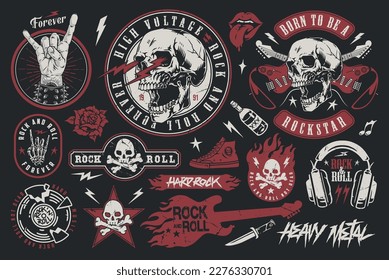 Hard rock set colorful emblems with skulls for entertaining concert featuring rock artists and punk guitarists vector illustration