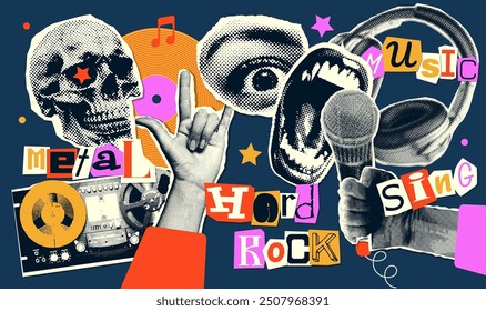 Hard rock set of halftone collage elements on the theme of metal singing, grunge music. Headphones, skull, hand with rock gesture and open lips. Trendy retro vector illustration