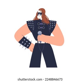 Hard rock singer with microphone. Heavy metal vocalist in black leather apparel, costume. Rocker artist with spiked wristband, face makeup. Flat vector illustration isolated on white background