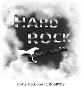 Hard rock in the smoke musical background with a fictional electric guitar in the smoke on a white background, can be used with any white background.