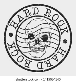 Hard Rock Stamp. Music Skull Silhouette Seal. Round Design. Vector Icon. Design Retro Insignia.